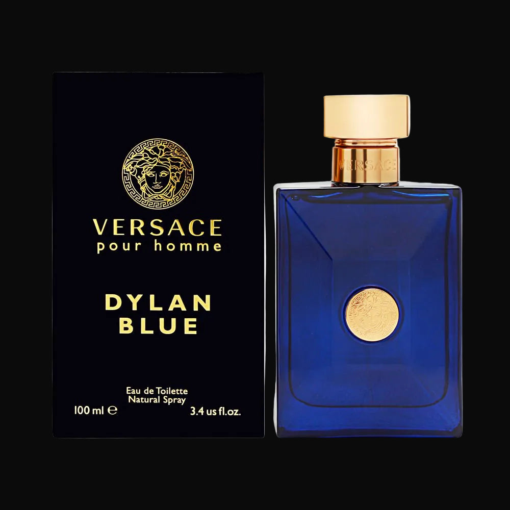 Versace Dylan Blue perfume bottle and packaging on a black background