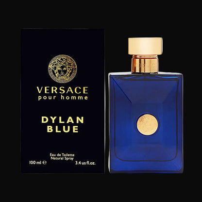 Versace Dylan Blue perfume bottle and packaging on a black background