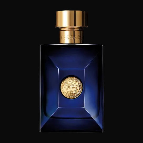 Blue perfume bottle with gold cap and emblem on a black background