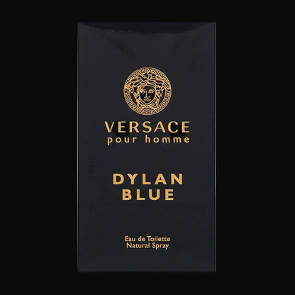 A sapphire-colored glass bottle of Versace Pour Homme Dylan Blue Eau De Toilette Spray, with the brand's Medusa head logo on the front.